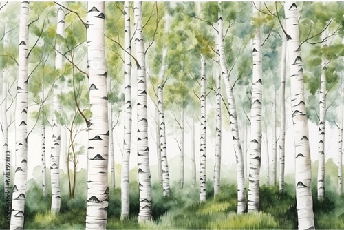 Watercolor painting forest landscape of birch trees in spring.