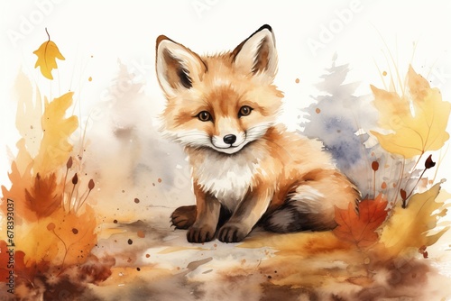 Watercolor illustration of a fox sitting at autumn.