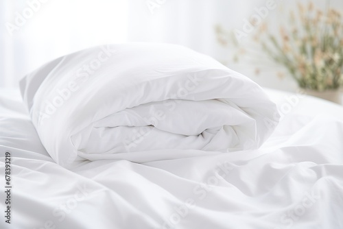 White duvet and pillow lying on white bed background. photo