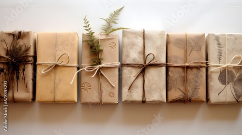 Eco-friendly Christmas gifts wrapped in kraft paper.Holiday season.Gifting time.
