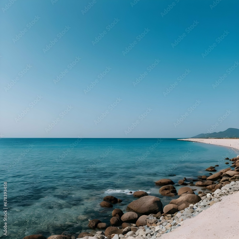 beach with clear sky and sea rocks 