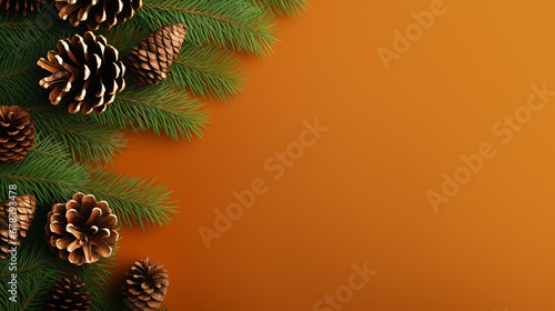 Christmas composition made of fir tree branches, gifts and pine cones on orange background with a copy space.