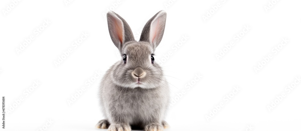 White background featuring a solitary gray rabbit