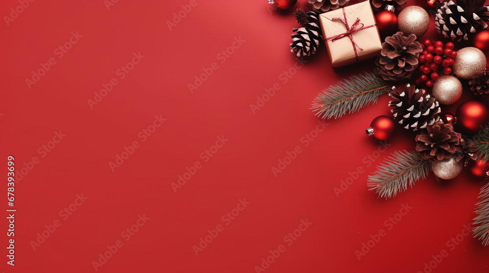 Christmas composition made of fir tree branches, gifts and pine cones on red background with a copy space. Christmas composition made of fir tree branches, gifts and pine cones on red background with a copy space.