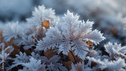 Snow Covered Branches, Frost on Plant, Nature View of Winter Season, using Generative Ai