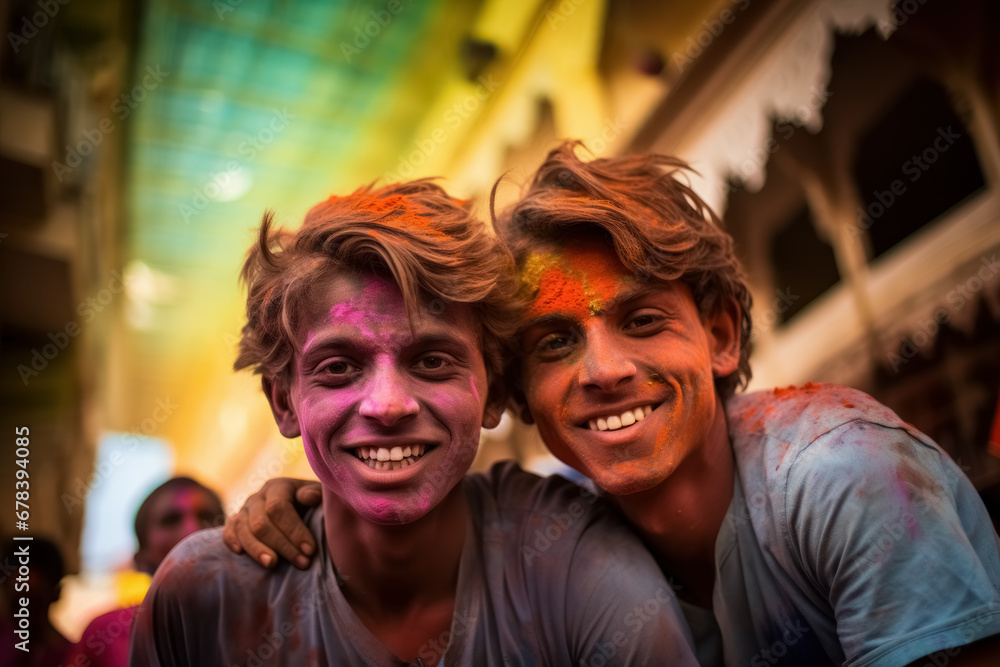 Two cheerful man friends exuding happiness, take selfie pictures together, boys revels in joyous chaos of Holi in India, their faces adorned with vibrant powder