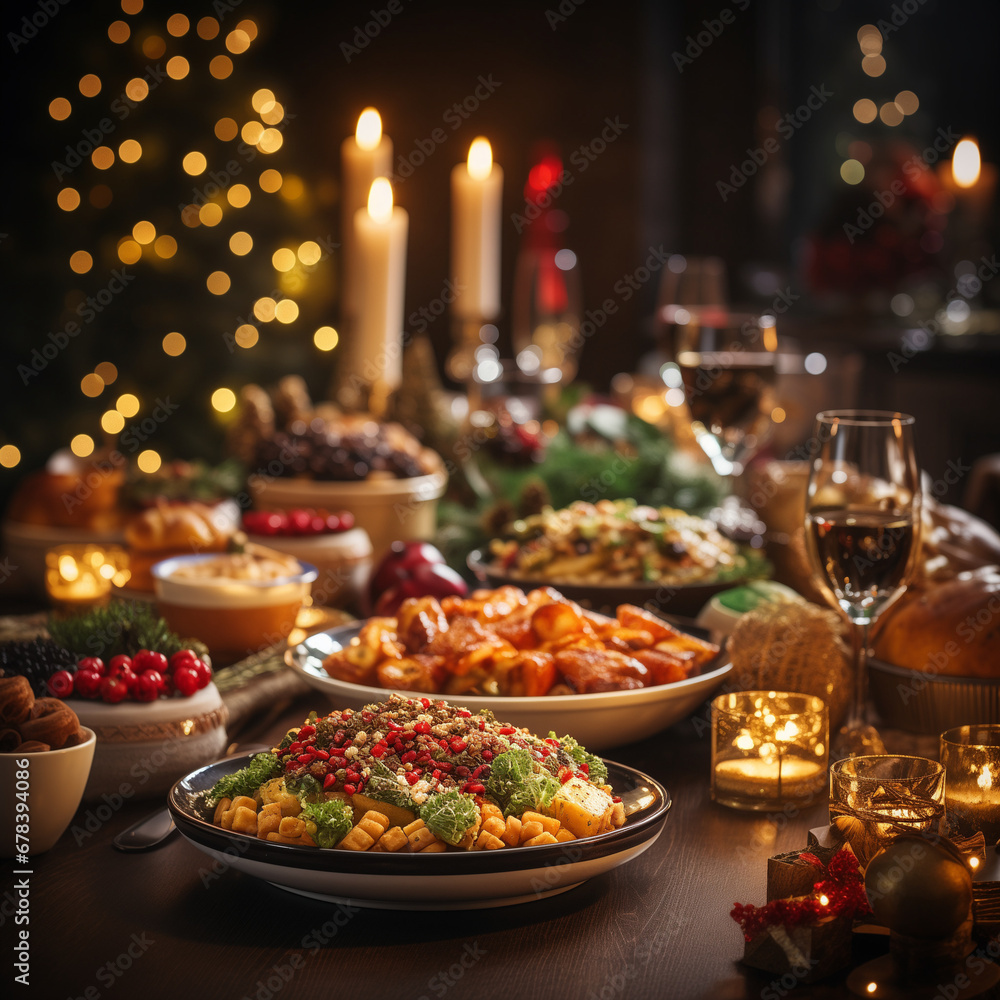 Christmas meal, served on the table with decoration christmas. New Year's decor with a Christmas tree on the background Christmas meal, served on the table with decoration christmas. New Year's decor with a Christmas tree on the background