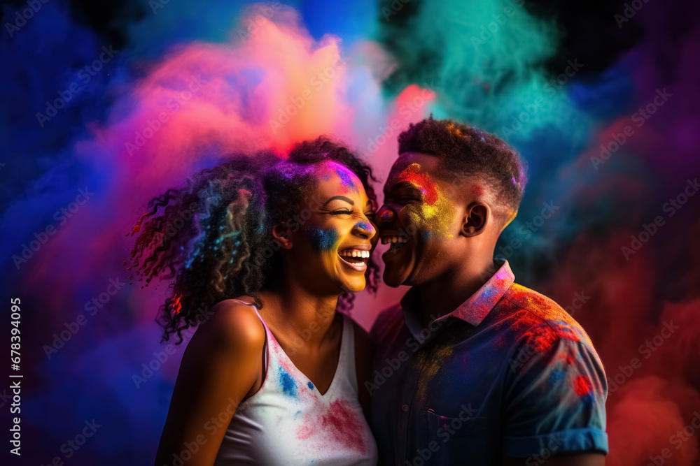 Vibrant portrait captures pure joy of young happy african loving couple, their smiles radiant as they embrace colorful powder of Holi festival in India