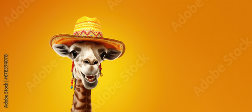 Banner with cartoon cute and funny giraffe head in Mexican hat sombrero, isolated on bright empty yellow backdrop with space for text