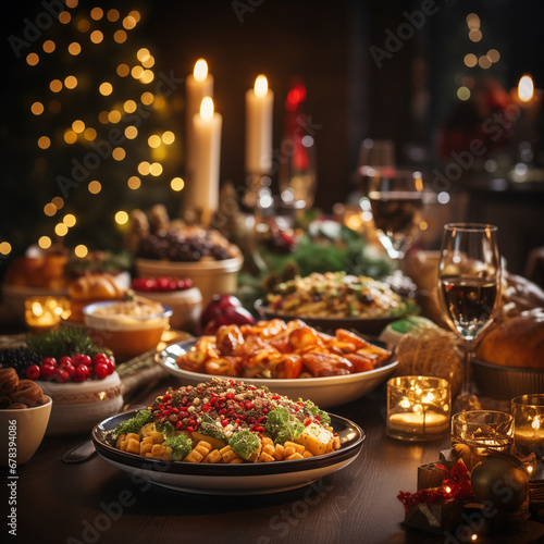 Christmas meal  served on the table with decoration christmas. New Year s decor with a Christmas tree on the background