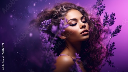 portrait of a woman with lavender makeup, bloom photo
