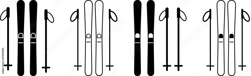Set of skiing icons. Pair ski with ski poles. PNG - obrazy, fototapety, plakaty 
