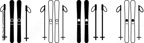 Set of skiing icons. Pair ski with ski poles. PNG photo