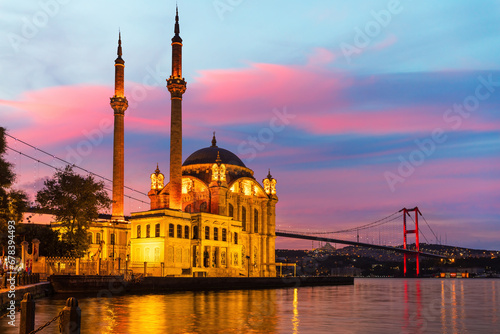 Ortakoy Mosque and the Bosphorus of Istanbul, impressive sunset scenery of the capital of Turkey