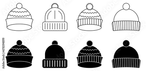 Winter hat icons. Winter outline knitted hats. Vector illustration isolated on white background