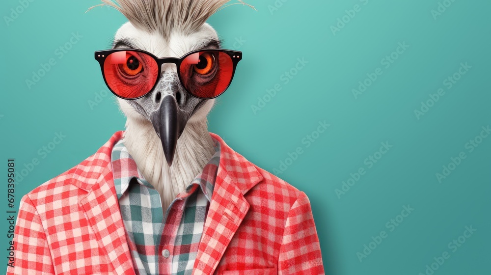 Fototapeta premium Crane with glasses. A close-up portrait of a crane. An anthopomorphic creature. A fictional character for advertising and marketing. Humorous character for graphic design.