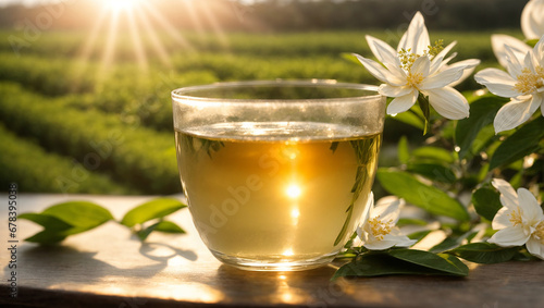 Beautiful glass cup of tea against the background of a field with a jasmine flower