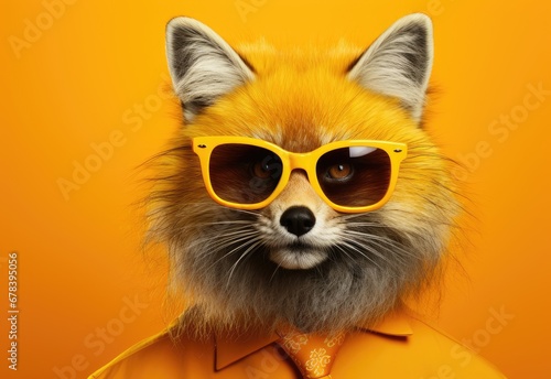 Close-up of a fox in glasses. Portrait of a fox. Anthopomorphic creature. A fictional character for advertising and marketing. Humorous character for graphic design.