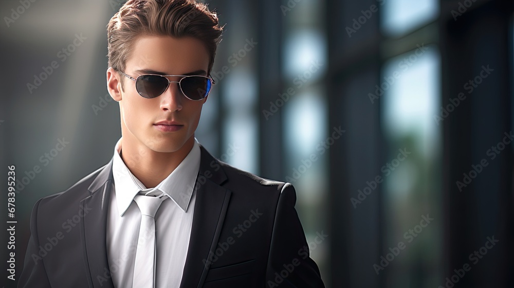 Close-up portrait of a serious male businessman wearing a suit, tie and sunglasses. A confident and elegant man in the role of a spy, politician or security guard. Illustration for cover, advertising. Close-up portrait of a serious male businessman wearing a suit, tie and sunglasses. A confident and elegant man in the role of a spy, politician or security guard. Illustration for cover, advertising.