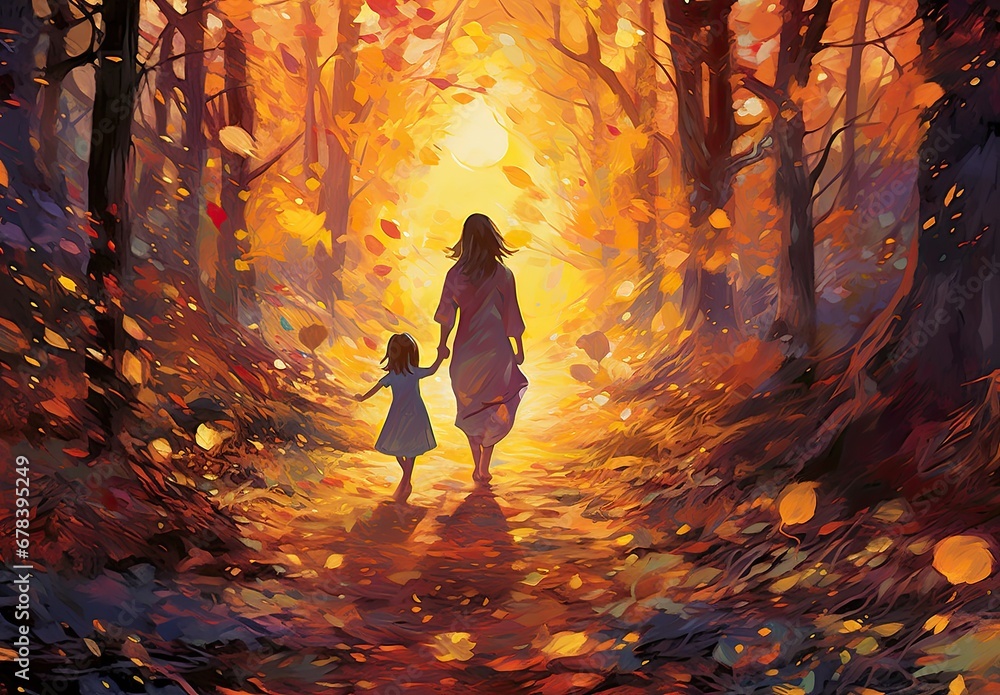 Mother and daughter taking walk in autumn park. Digital art in an artistic style. Illustration for cover, card, postcard, interior design, banner, poster, brochure, etc. - obrazy, fototapety, plakaty 