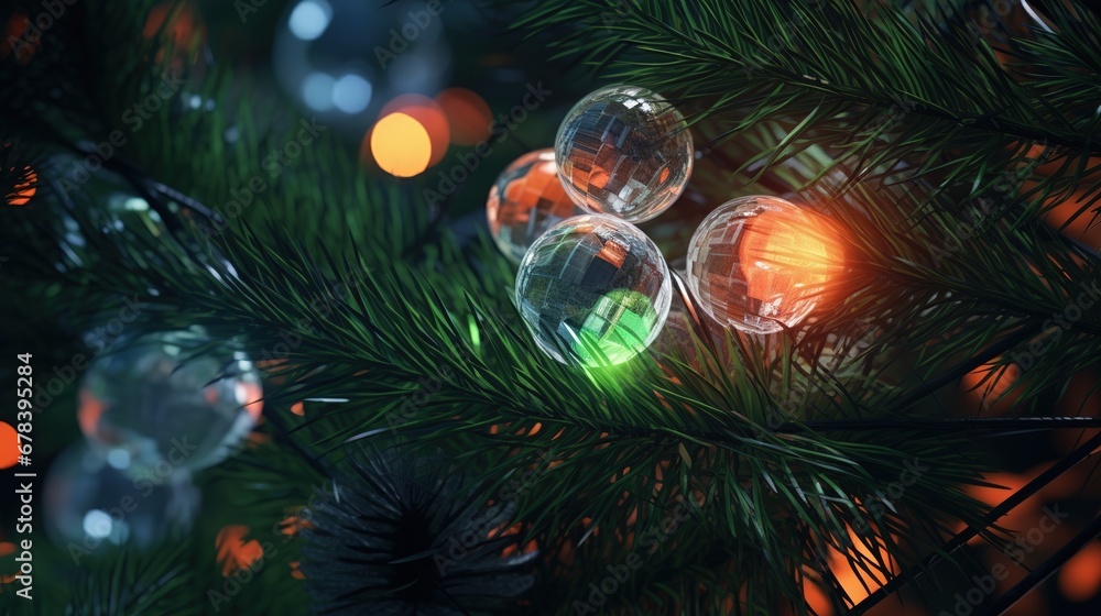 Christmas tree branches with glowing garland. Christmas lights. X-mas or New Year decor. Party event decoration. Generative AI. Illustration for banner, poster, cover, brochure or presentation. Christmas tree branches with glowing garland. Christmas lights. X-mas or New Year decor. Party event decoration. Generative AI. Illustration for banner, poster, cover, brochure or presentation.