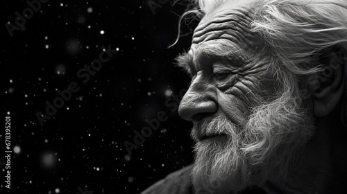 Close-up of an old man's face with deep wrinkles and a stare. Profile of an elderly man with a mustache and beard. Illustration for cover, card, postcard, interior design, decor or print. photo
