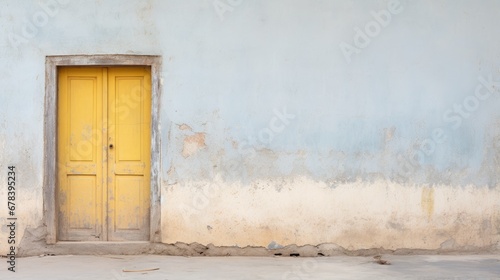 The dilapidated wall of the building and the wooden door require major repairs. Facade of a house with damaged plaster. Photophone for retro shooting. Illustration for cover, card, interior design.
