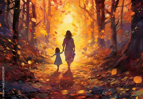 Mother and daughter taking walk in autumn park. Digital art in an artistic style. Illustration for cover, card, postcard, interior design, banner, poster, brochure, etc. photo