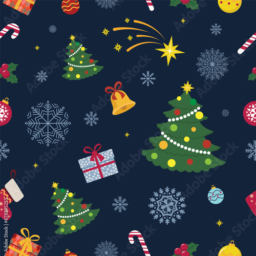 Christmas and Happy New Year seamless pattern with Christmas toys and gifts Vector illustration
