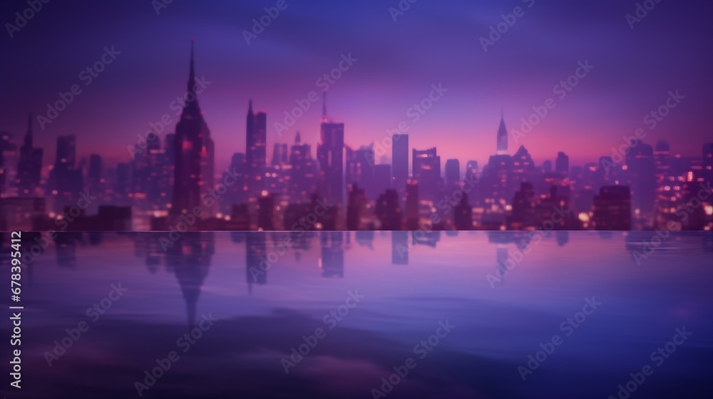 Beautiful night city background. In the foreground is an advertisement place. Oil painting. Realistic style. Blank for banner, cover, flyer, postcard and other advertising. Platform or pedestal.