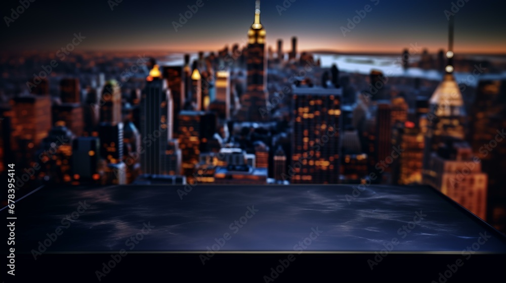 Fototapeta premium Beautiful night city background. In the foreground is an advertisement place. Oil painting. Realistic style. Blank for banner, cover, flyer, postcard and other advertising. Platform or pedestal.