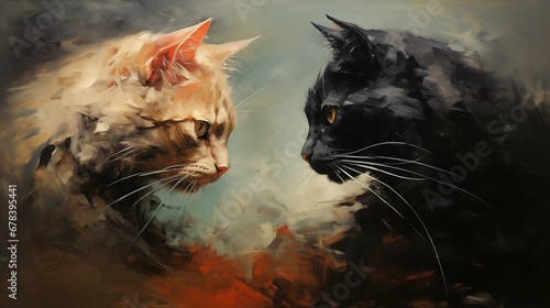 Confrontation between cats. Movie poster. Versus, opposition. Two cats, black and white. Yin and yang. Oil painting. Realistic style. Gladiators.