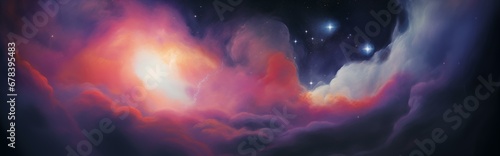 Space background. Nebula. Realistic photo style. Stars in the sky. Galaxy. Wide panorama. Place for text. Template for banner, cover, flyer. Gas clouds and stars. Oil painting, colorful watercolor.