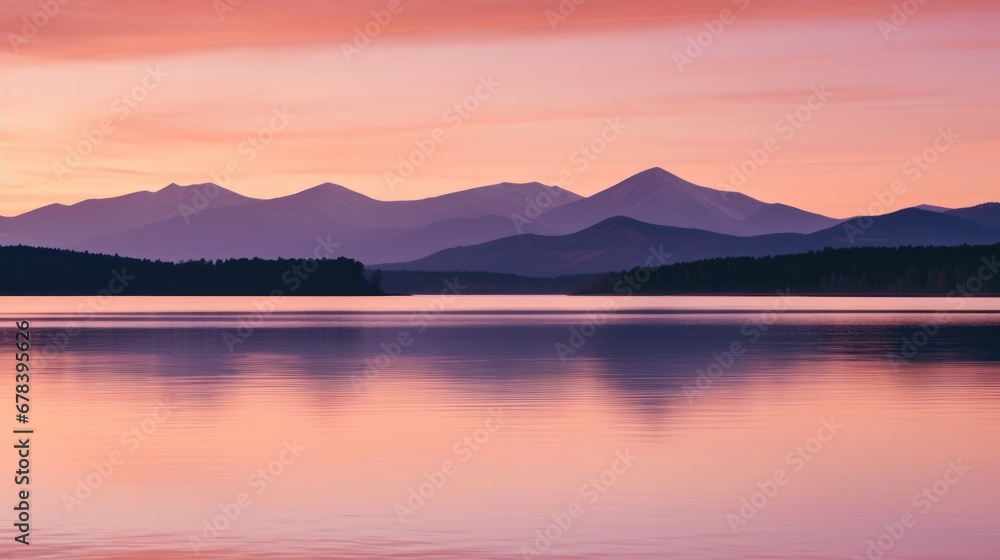 Sunset over mountains with lake and background mountains.