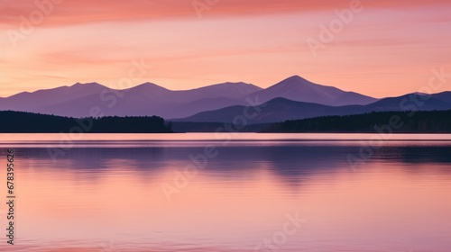 Sunset over mountains with lake and background mountains. © OKAN