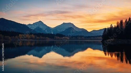 A serene sunset over a lake  framed by majestic mountains in the background.