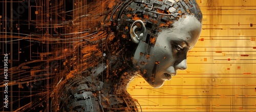 Neural network. Human body, female face, head. Artificial intelligence concept. A beautiful network of neural connections. Futuristic technologies. Cyberpunk. AI. Science data network background. photo