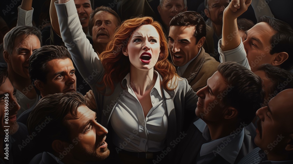 Fototapeta premium Woman power, feminism. Crowd of people protest. Beautiful woman. Pin up. Template for advertising banner, flyer, cover. Place for text. Fantasy style. Oil painting. Realistic photo style.