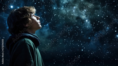 A child's wonderment as he looks up at the stars in the night sky, contemplating the mysteries of the universe.