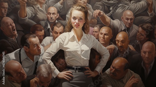 Business woman power, feminism. Crowd of men. Beautiful girl. Pin up. Template for advertising banner, flyer, cover. Place for text. Fantasy style. Oil painting. Realistic photo style.