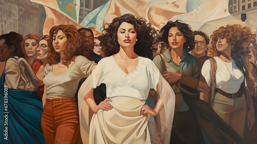 Woman power, feminism. Beautiful woman. Pin up. Template for advertising banner, flyer, cover. Place for text. Fantasy style. Oil painting. Cute cartoon design. Realistic photo style. Fist raised.