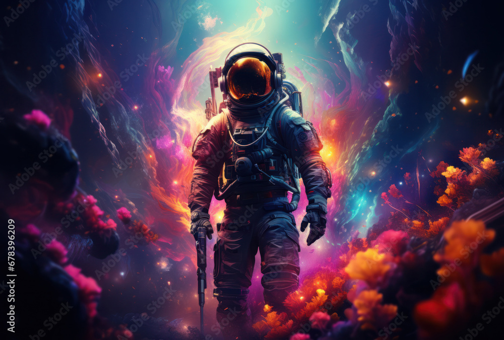 An astronaut in a spacesuit explores colorful space, Generative AI - obrazy, fototapety, plakaty 
