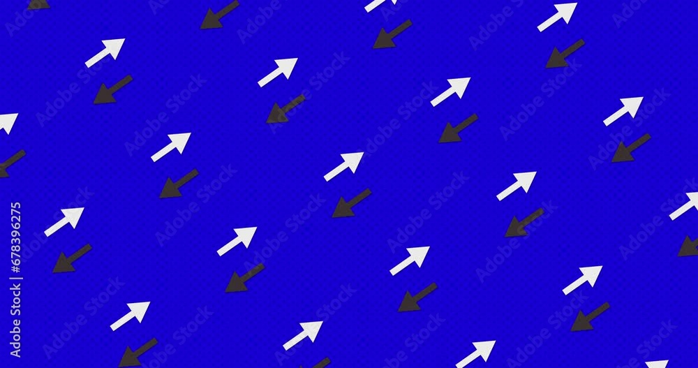 Abstract arrow shapes moving back and forth over duotone blue color background. Abstract flat pattern animation seamless loop background.