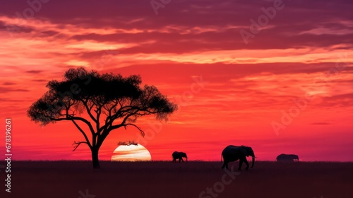 Elephants grazing in the African savannah during a beautiful sunset.