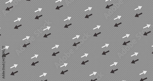 Abstract arrow shapes moving back and forth over duotone Grey color background. Abstract flat pattern animation seamless loop background.