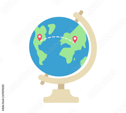 Globe with route for air travel. Selecting country for tour. Pins, dotted line. Planning trip, vacation. World map. Flight across continent. Planet Earth. Color image. Flat style. Vector illustration