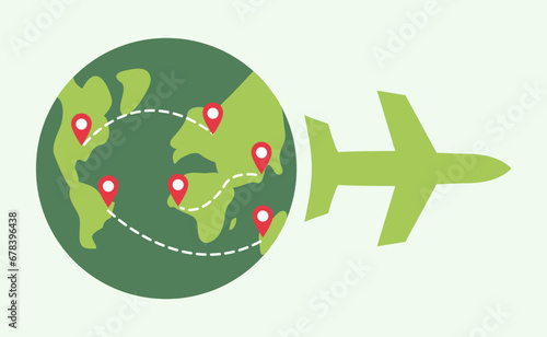 Flight Routes on Earth. Airplane shape. Trip around world to different Countries. Pin icons Planet. Paths from take-off point. Fly Air travel. Color image - green, red. Navigation. Vector illustration