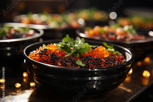 Delicious appetizers with red and black caviar. Celebration Party, Holiday dishes, festive table. Catering buffet food. AI