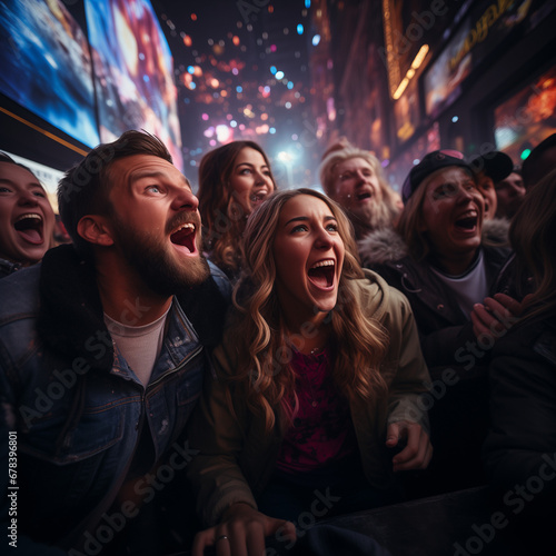 The image captures a living room scene where a family or friends gather around a television set tuned to the New Year\'s Eve broadcast. The screen displays the iconic Times Square Ball Drop in New York