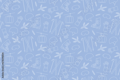 ski seamless pattern with cable car, fir twigs and ski helmet, boots, gloves and poles icons- vector illustration